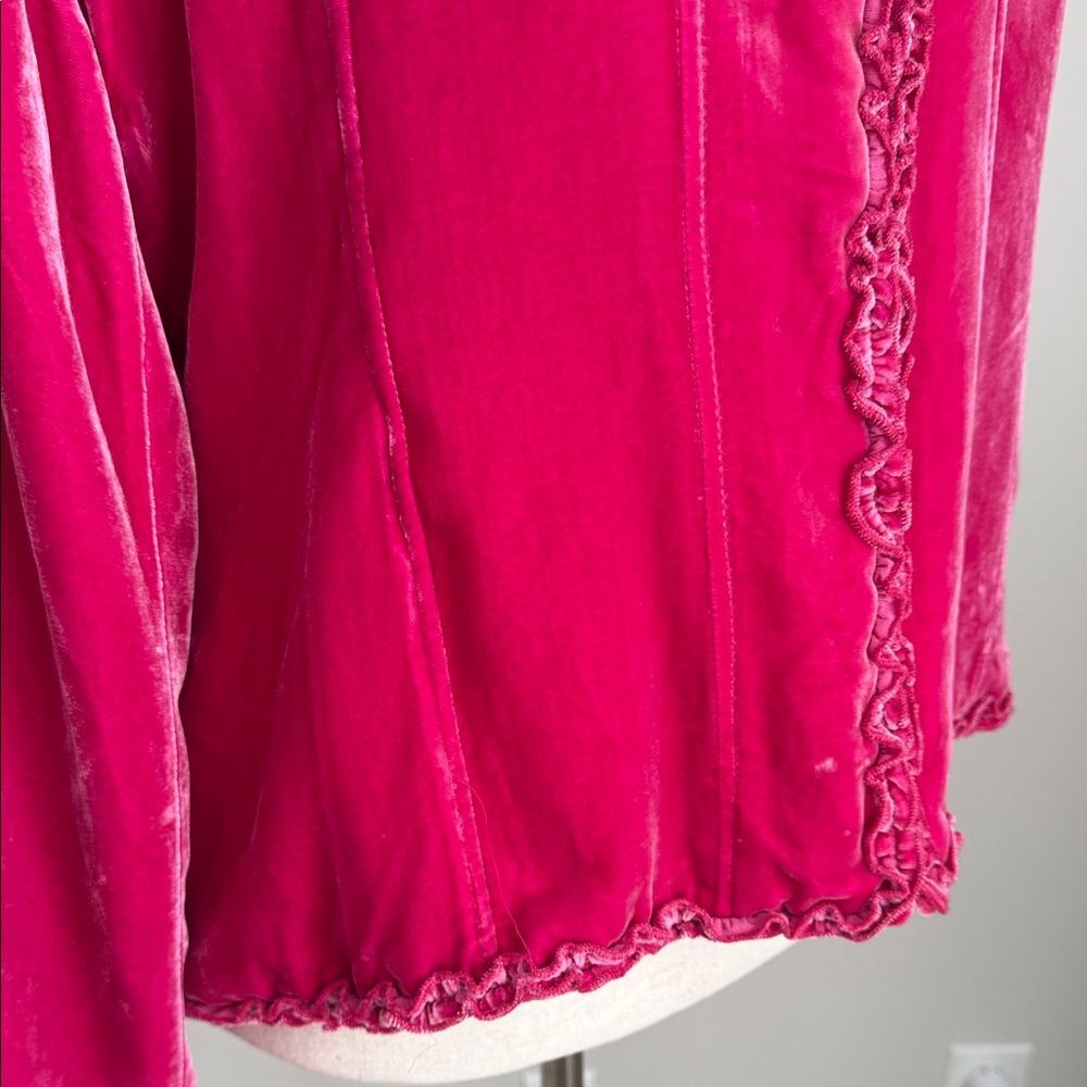 Chico’s Velvet Jacket Magenta Pink Ruffle Trim Rayon Silk Blend Boho Romantic XL - Picture 6 of 12